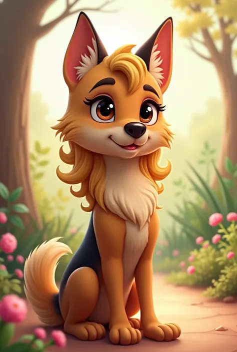 Anthropomorphic german shepherd girl, cute, perfect body, slim, curly blonde hair, plump lips, large brown eyes, cartoon