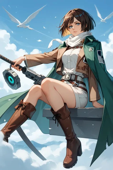  Guilty Gear and Attack on Titan ，woman，White ribbon for hair，Two-tone hair black and white ， short hair ， blue eyes， cool， long white kimono cord ， cravat with white scarf ， short brown jacket from the Survey Corps，Green Cape， cool belt ，Long Boots，