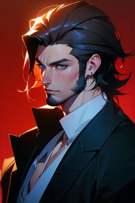 (best quality,4k,8k,highres,masterpiece:1.2),ultra-detailed,(realistic,photorealistic,photo-realistic:1.37),30 year old man,3 day beard,handsome anime,portraits,strong,masculine,dark hair,sharp jawline,mesmerizing eyes,perfectly styled hair,cool anime outf...