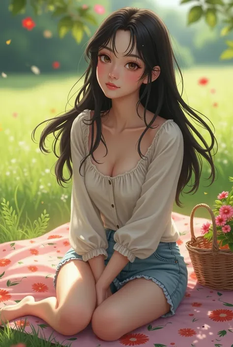 25-year-old white woman, black hair, brown eyes,Pretty and with a mole on her right eyebrow ,Slim body , sitting on a flowered tablecloth shes having a picnic 