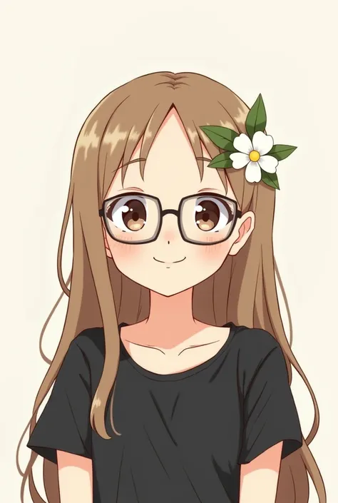 Girl, black t-shirts, glasses, brown light hair, smiling, saying hello, a while flower crow, simple drawing, long hair 