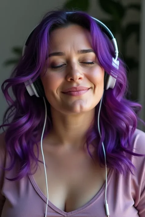 woman chubby, purple hair,  40s, with earphones enjoying her music 
