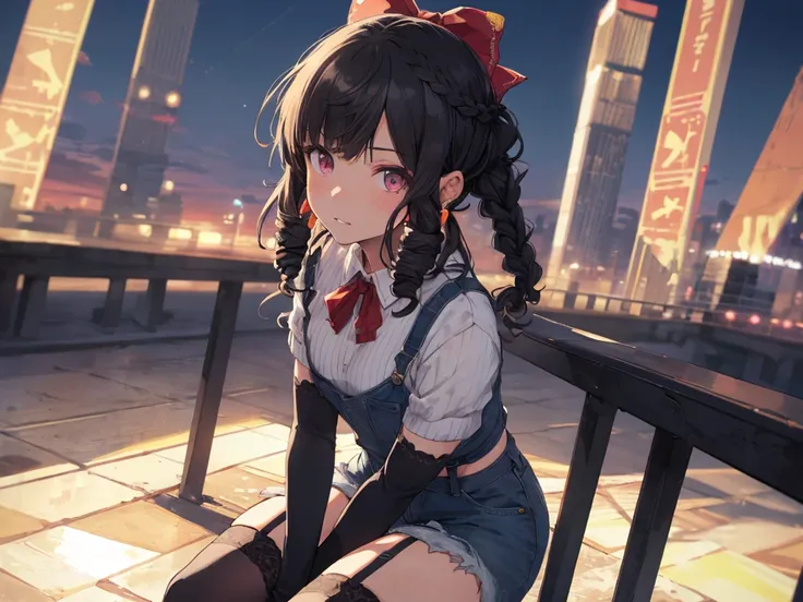 solo, girl, (exposed pussy), (human ears, short stature), (earrings), (black hair, long hair, curly, vertical curls in front, braids), (hair tie, hair tie at the back of head with big red ribbon), (girl sitting on ground hugging knees), (cool facial expres...