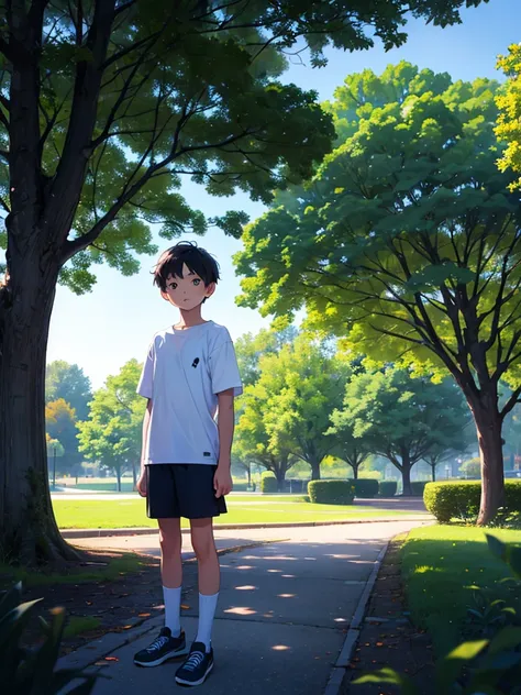  beautiful boy standing alone in the park,,Short elementary school student , dark blue shorts ,Short-sleeved white T-shirt,evening, 