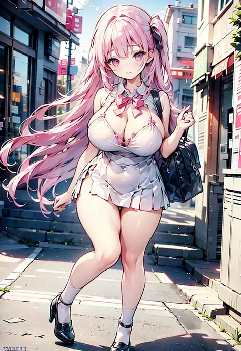   pinkセーラー服レオタード　pink hair side hair long　 high heels　student bag
Shoulder bag　 plump thighs 　Around town　outside　
 Big Breasts , ribbon,  high definition , accurate,  High Definition Model,  High Details ,  High Quality ,  textured skin,  Ultra High Defin...