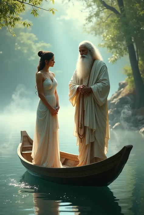 A beautiful girl standing with a sage on a boat in the river with smoke spread around the boathigh quality graphics background high old Hindu culture  high quality change look 