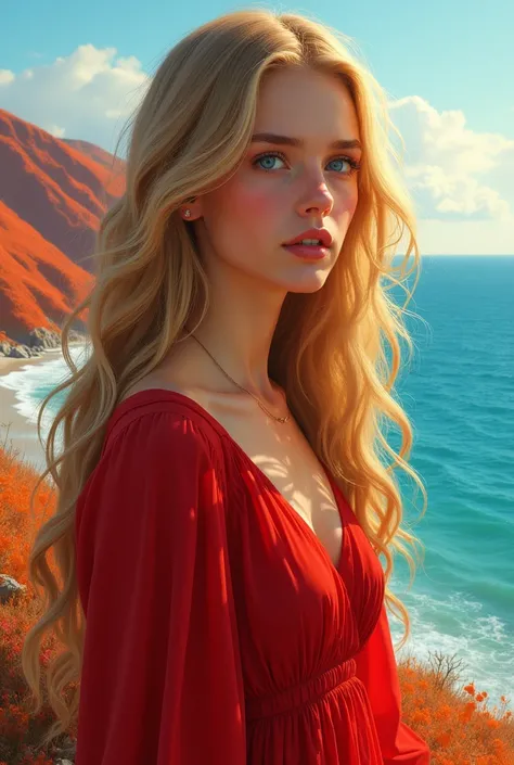 22 years old girl, long golden hairs, red frok, red hills, bule eyes. front of the sea.