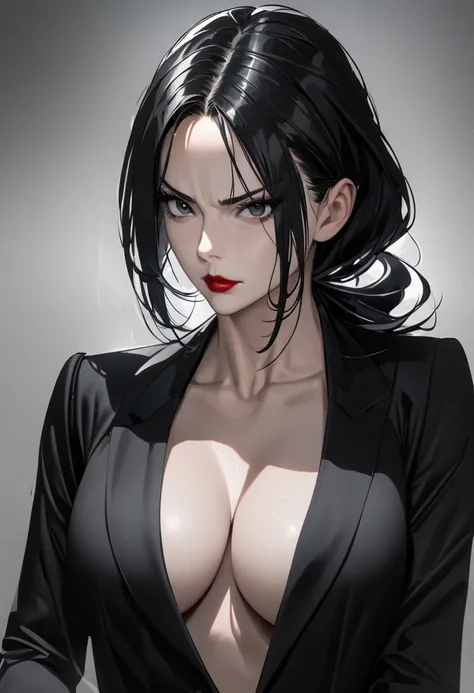 Mature woman, perfect anatomic draw, perfect eyes, long black hair, separated hair, low ponytail, waved hair, beautiful eyes, black eyes, beautiful woman, red lips, serious face, black suit outfit, in the office, clevage, sexy pose, sexy woman, 8k, high qu...