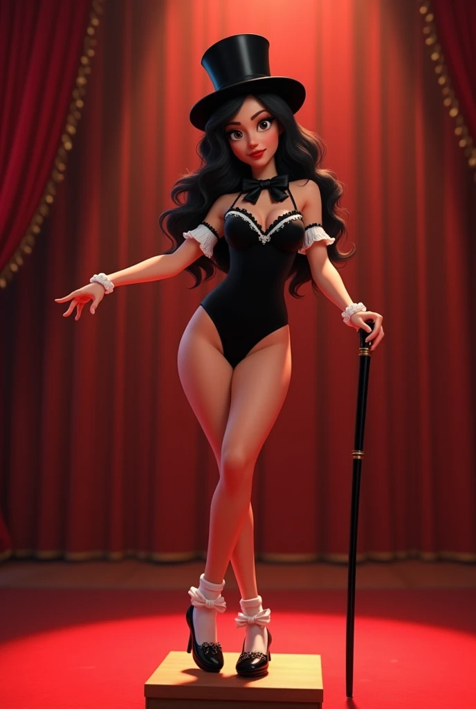 Beautiful Girl in her 20’s long beautiful wavy black hair, red stage with curtains backstage, Wearing a black bodysuit leotard. Pixar, black Mary Jane tap shoes, with white socks, while tap dancing, white bows on the front part of her tap shoes, black top ...