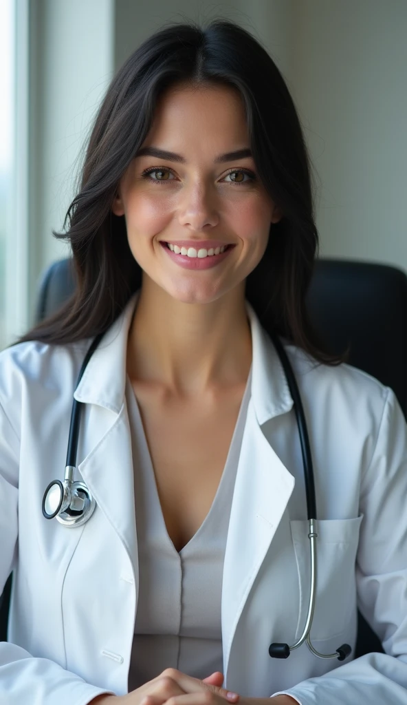 Russian female doctor, black hair, pink lips, fresh face, sitting in the office, cleavage