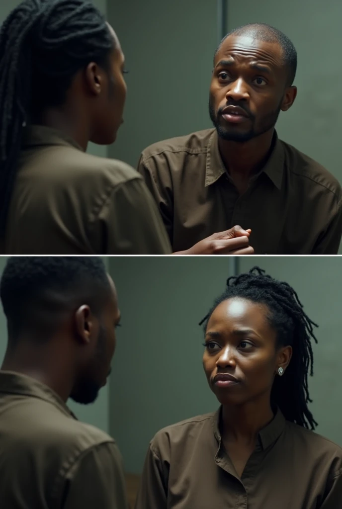 
A split-screen of two Nigerians a ma and a woman Joan calmly explaining on a call conversation and the man looking devastated.