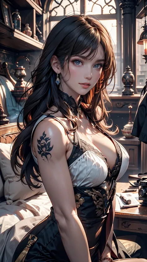 Detailed photos of futuristic beautiful female warriors living in dystopian cities, Detailed photo of a beautiful futuristic female warrior in a , Long and messy hair, Tattooed Arms and Body ,  fashion pose, Blue eyes with round irises,  detailed face , Ap...