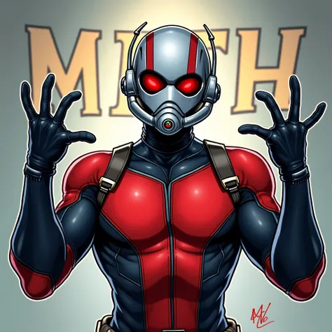 Ant man portrait showing joking gestures. Background in English letter M I T H