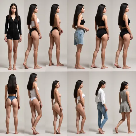 A woman with fair skin, medium-sized breasts, and long, straight black hair, portrayed in various poses and angles. She may be standing, sitting, or walking, with her head facing different directions — front, profile, or slightly tilted. Her expression is ...