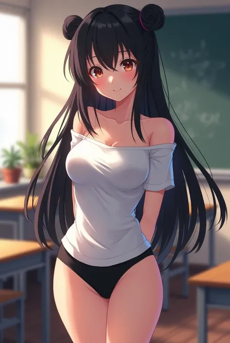 ANIME STYLE GIRL BLACK LONG HAIR NEAT HAIR BUNDLED MEDIUM CHEST THIN WHITE T-SHIRT WITH OPEN SHOULDERS BLACK PANTIES STAND STRETCHED CHEST PUT HANDS BEHIND IN CLASSROOM SOFT LIGHT