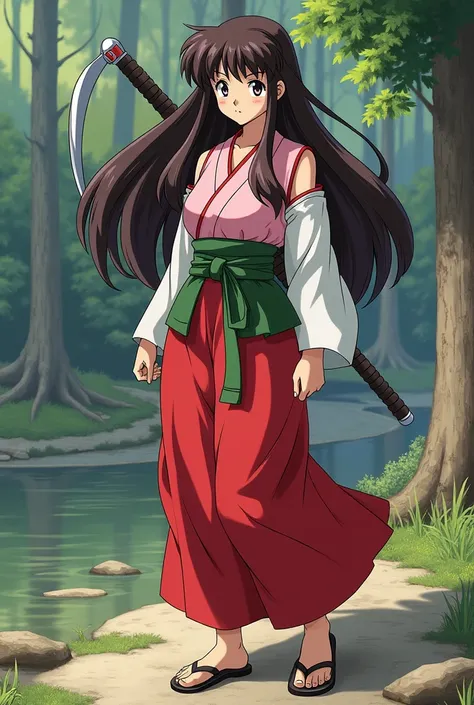 Sango from the anime Inuyasha is a girl with long brown hair who wears old Japanese village clothes 