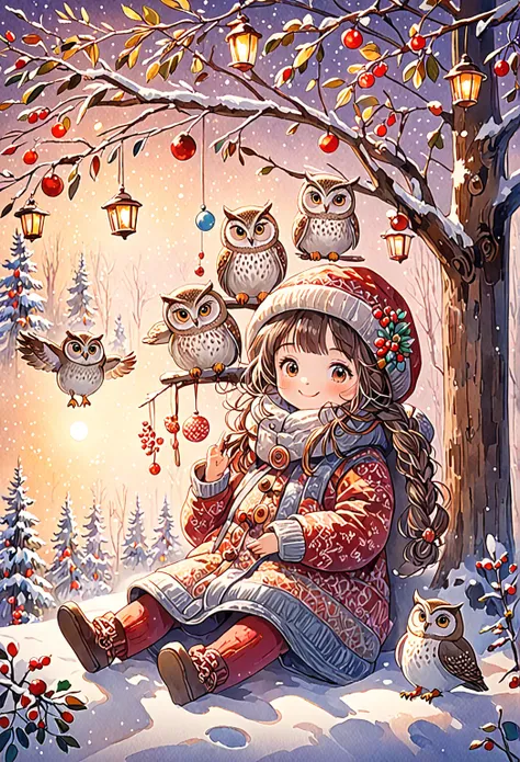   1 girl, This is an animated illustration of a beautiful winter scene with owls at Christmas ,  Its a detailed and vivid watercolor painting  .  The girl is smiling and pointing overhead ..   A baby owl is sitting on the girls head  、 hands and feet hangi...