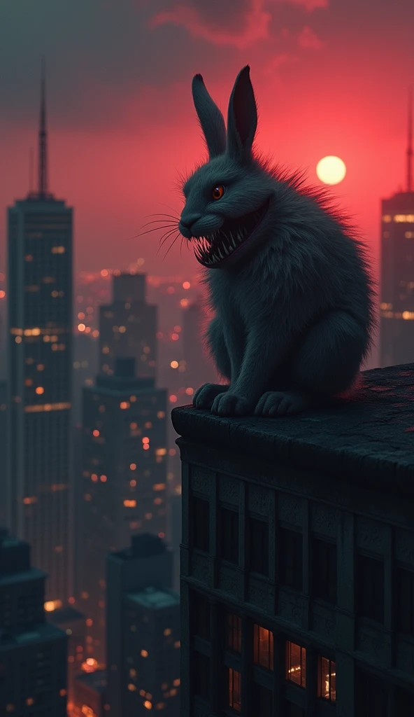 A twilight cityscape, where the skyscrapers twist unnaturally as if theyâre alive, and the sky bleeds in shades of crimson and black. On one rooftop, an impossibly cute, fuzzy creature resembling a rabbit perches, but its oversized grin reveals far too man...