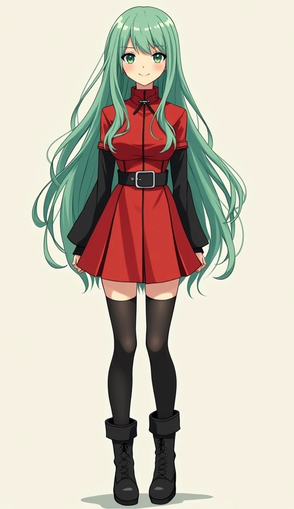 super fine illustration,shiny skin,fine skin,very cute and beautiful girl, beautiful face, smiling shylyand looking towards me, beautiful green eyes, long mint-green hair, Image of adventurer woman in red minidress, black stockings, black boots, narrow sle...