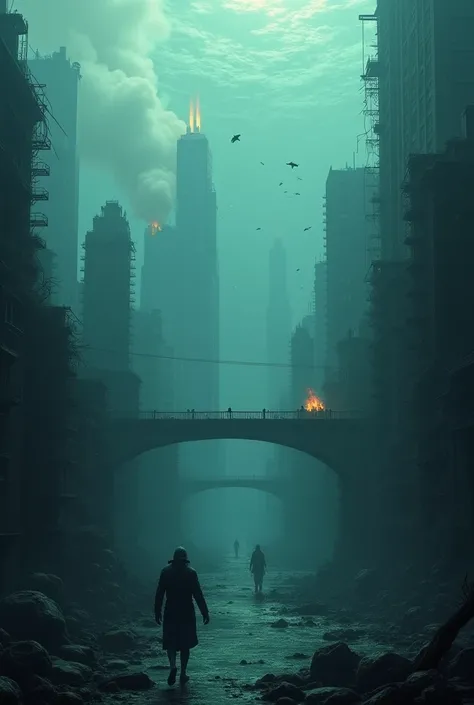 A cityscape fully ruined under water. Fire and smoke 