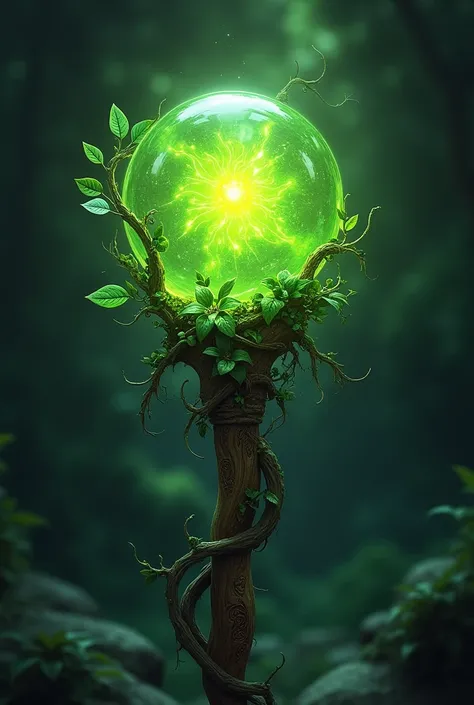 A glowing green orb, vines coiling around it, suspended within a wooden staff adorned with leaves and flowers.