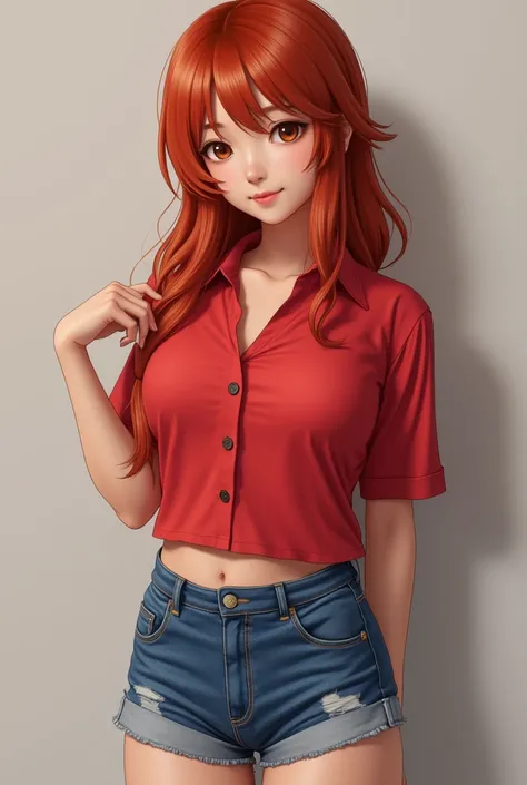 ranko saotome , ranma ,woman 19 years old ,joven bonita china , red hair in braid , red shirt , denim shorts, hiperrealistic 