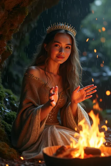 a beautiful royal princess ,  warming herself in front of a small bonfire , wearing elaborate royal dresses,  dressed in a knitted shawl ,  sticks out her hands towards the bonfire ,  her beautiful face shows a comfortable expression ,  is in a cave with a...