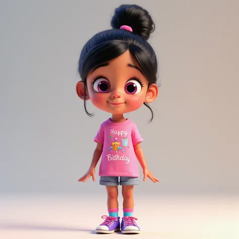 A  girl with black hair, head with bun, socks, fair skin and pink eyes, Pink shirt, Clothes,  short purple Happy Birthday sneakers - pink and blue striped socks, Disney Pixar 