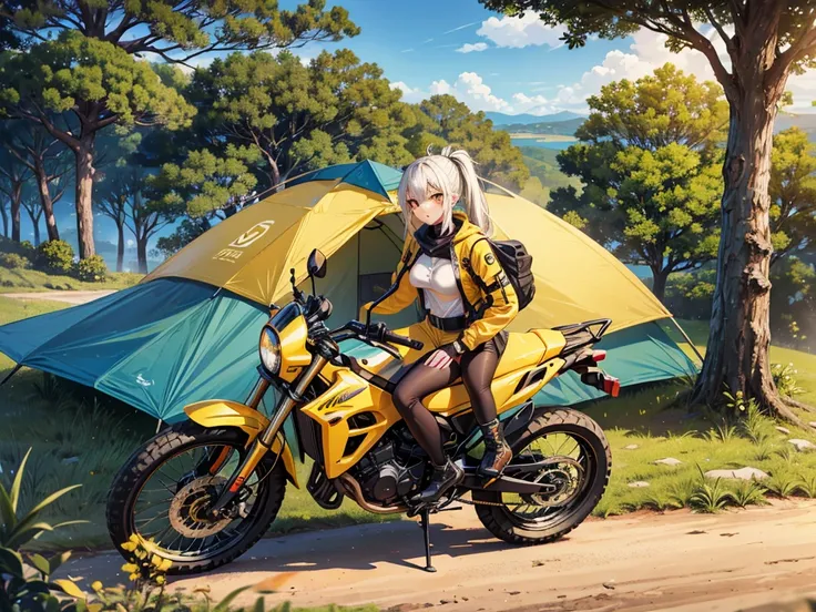 A highly detailed anime woman, 20 years old, with a white ponytail and golden eyes, stand by yellow and black off-road motorcycle in a tourer style, seen from the top of a cliff with a super huge tree in the evening, setting up a tent