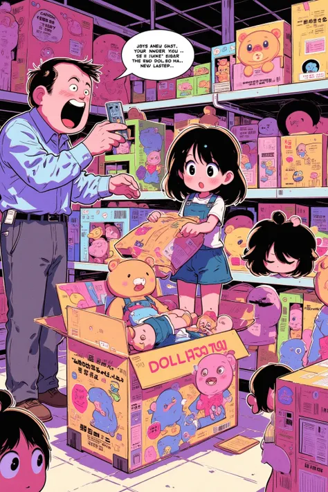   Cartoon of a Girl Opening a Real Doll from a Toy Store from a Box, The store manager and the girl are surprised , Stuffed Toy Art  , teddy bear, Toy Machine  , Chill Hop,  album art,   Art Depicting Pop Horror  , サイケデリックヒップホップ album art ,   promotional a...