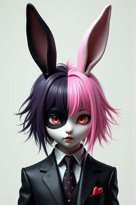 Make a rabbit with a mask half white and black with a black side has purple hair and the white side with long pink hair on the white side have red eyes and the other side have black eyes wearing an all-black polka dot suit