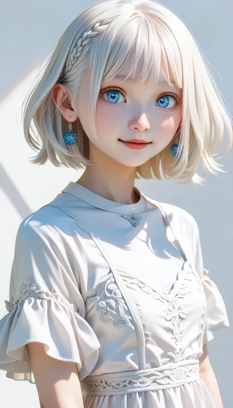  top quality、  masterpiece  、超 high definition 、８ｋ、 Portraits、 Film Grain 、(((white background :1.3)))、Upper body angle、((( 1 Albino Girl 、 cute face、 cute girl))),,(((small beautiful eyes :1.3、Light blue eyes )))、 white dress、(( white shirt:1.3、 White Blo...