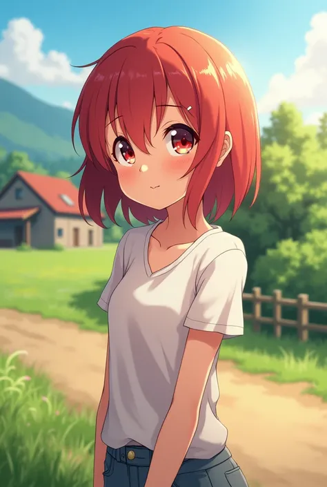 Reddish brown hair　Red eyes　 brown skin　 short haired 　 natural perm　 innocent　 girl　 Anime Characters　ennui　countryside　Cheerful 　pure　 adult-like