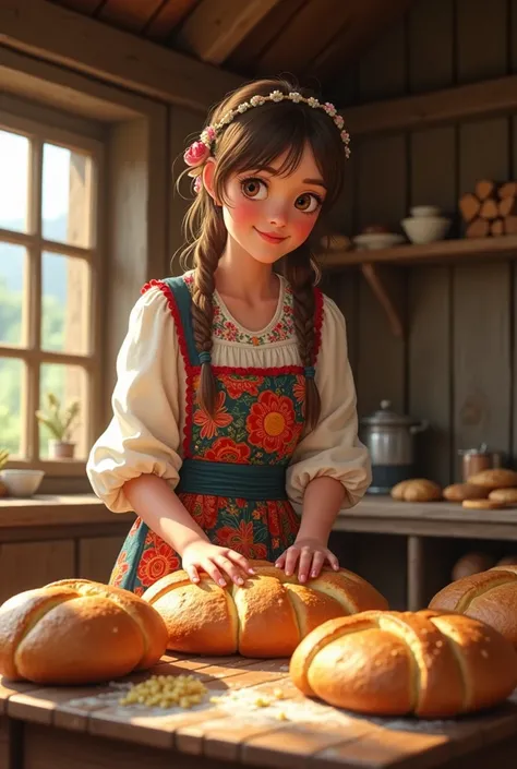 Funny image of a girl dressed in traditional Bucovina clothes how she does 2cozonaci mari și copți and has a traditional country house 