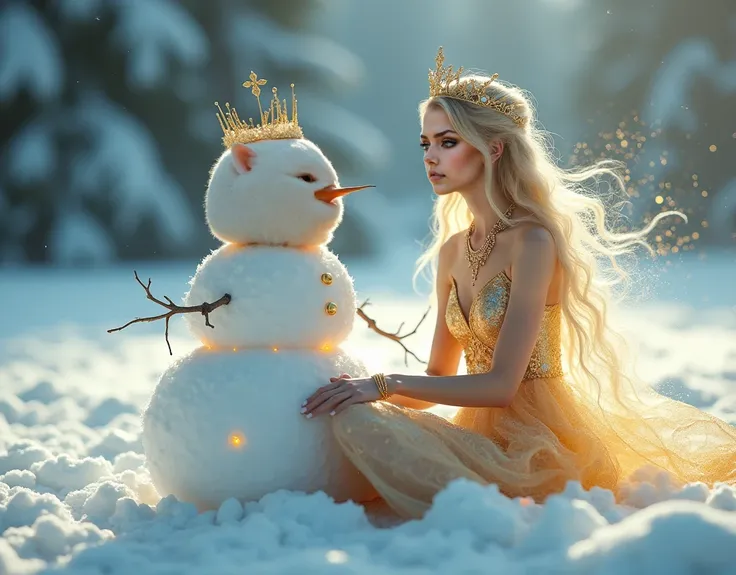 ultra realistic professional full body near facing camera ( {blonde empress in quantum-energy golden dress with living, breathing magical textures, sitting playfully next to sentient snowman with impossible crystalline smile, soft supernatural light partic...