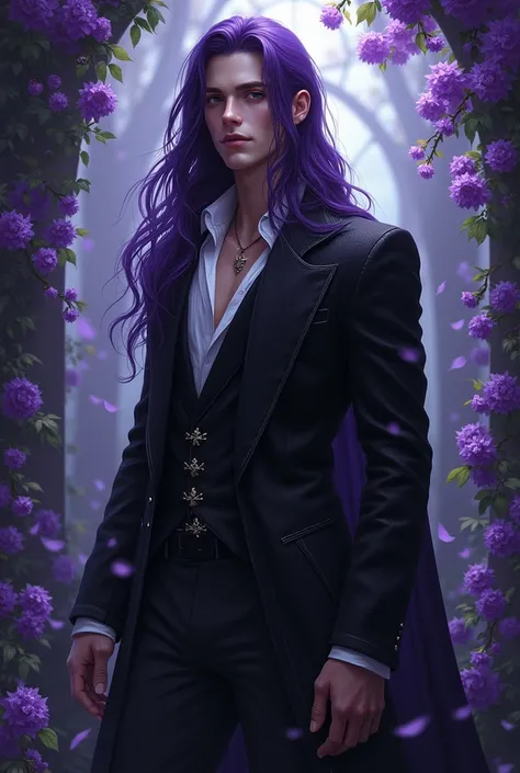 young man,  long dark purple hair,  black eyes,  elegant clothes color black and silver, garden background with violet flowers , pose of superiority,  dark fantasy.