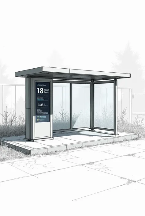  The bus stop is equipped with an advanced display showing the latest bus location information with its travel route . with glass to protect from rain. 
 Make the image look like a sketch . Make a picture of the yard facing the front 
