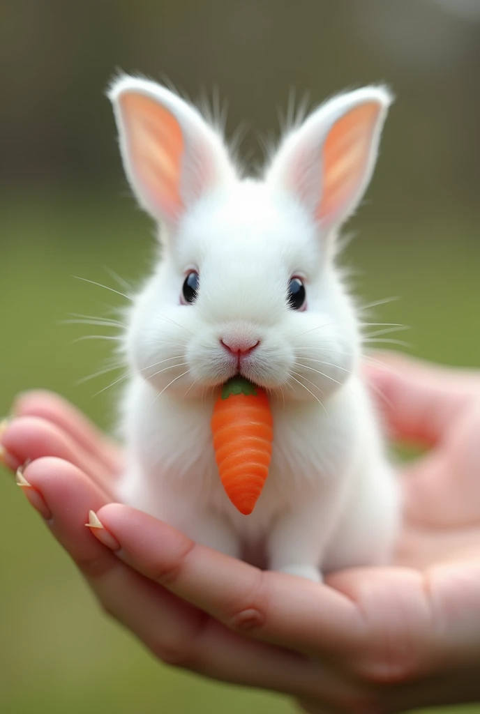 Holding a little rabbit in his hand， Little Minzis body is the size of a nail cover ，White furry，It holds a small object similar to a carrot in its mouth。Natural background blurry ， to highlight the cute image of Little Minzi 。