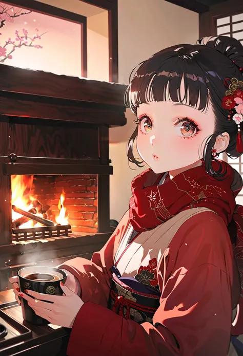 a girl drinking coffee by the fireplace, wearing a red scarf, cozy room, fireplace, new year, japan, detailed face, long eyelashes, beautiful eyes, petite girl, cinematic lighting, warm color tones, soft focus, photorealistic, highly detailed, 8k, best qua...