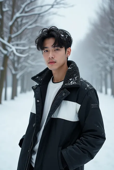 Create me a male Korean-Malay-Arab mixed natural handsome clean face with an Idol two sides haircut wearing black and white winter coat standing at snow and smile 