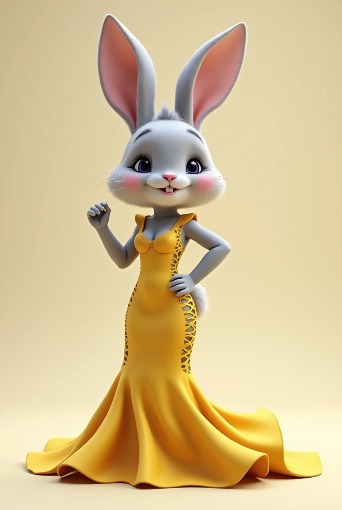 . Bunny wearing trendy, yellow mermaid-style wedding gown with long, flowing train and daring, cut-out details.