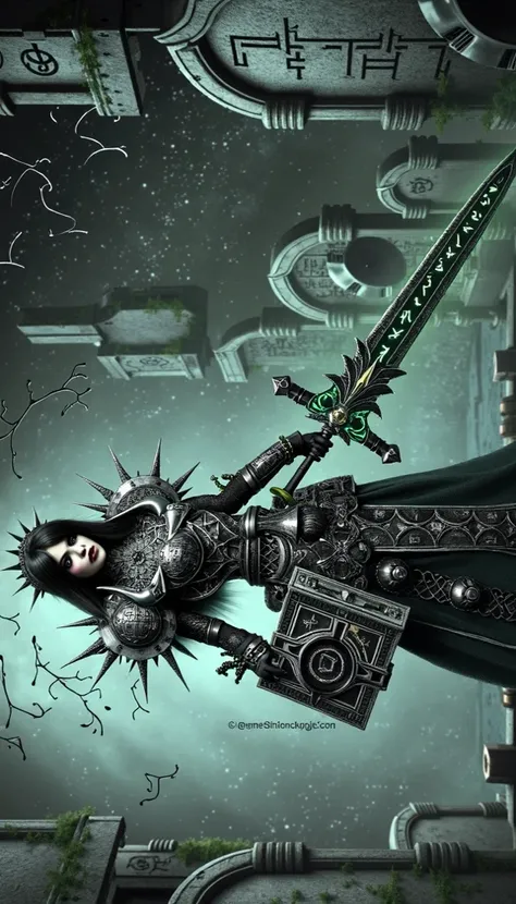 Create an image of a Goth Dungeons and Dragons Necromancer Paladin. Average Height Female with E-girl hair with colored highlights and e-girl makeup. Give her a Greatsword