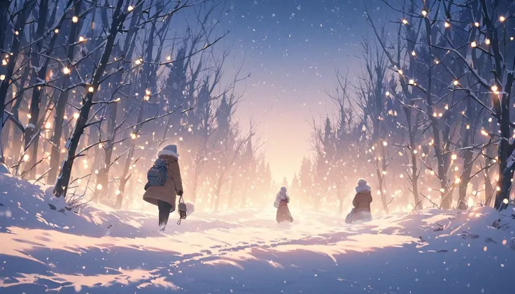 A snowy outdoor scene with a long-haired woman and a short-haired man walking hand in hand down a quiet path lined with glowing Christmas lights. The view is from behind, showing their backs as they stroll. The woman wears a knitted hat and a cozy coat wit...