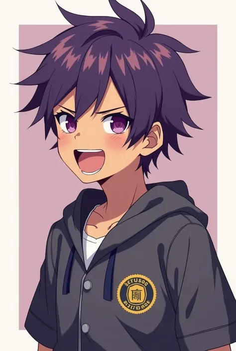  laugh a brown-skinned male character in the style of Boku no Hero. Your hair has to be purple , purple eyes and a stressed face .  He has to be a teenager and is wearing Japanese high school clothes. 