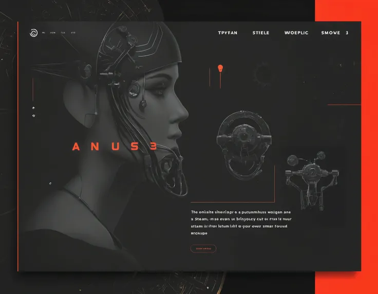 Design a visually captivating ui webpage mockup , dark theme with teal anccent iconography an 3d image of a women . With website code in the image ensuring a modern and elegant aesthetic. : Navigation Arrows: Add arrows to navigate through various images o...