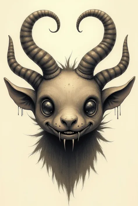 I would like a drawing of a cute animal face with fangs and horns that has pre-Hispanic Mexican features. Make it a symmetrical composition and look more like a drawing 