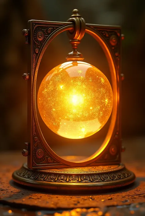 Sunlit Orb of Radiance: A bright golden orb radiating sunlight, suspended in a glowing metal frame engraved with solar runes