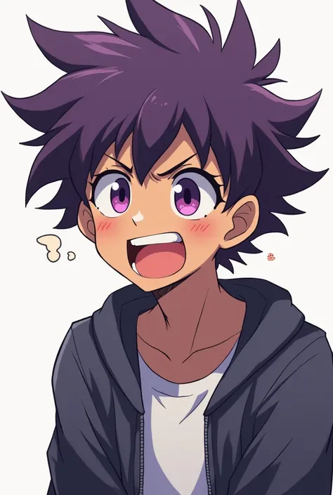  laugh a brown-skinned male character in the style of Boku no Hero. Your hair has to be purple , purple eyes and a stressed face .  He has to be a teenager and is wearing Japanese high school clothes. He has to be stressed or angry. 