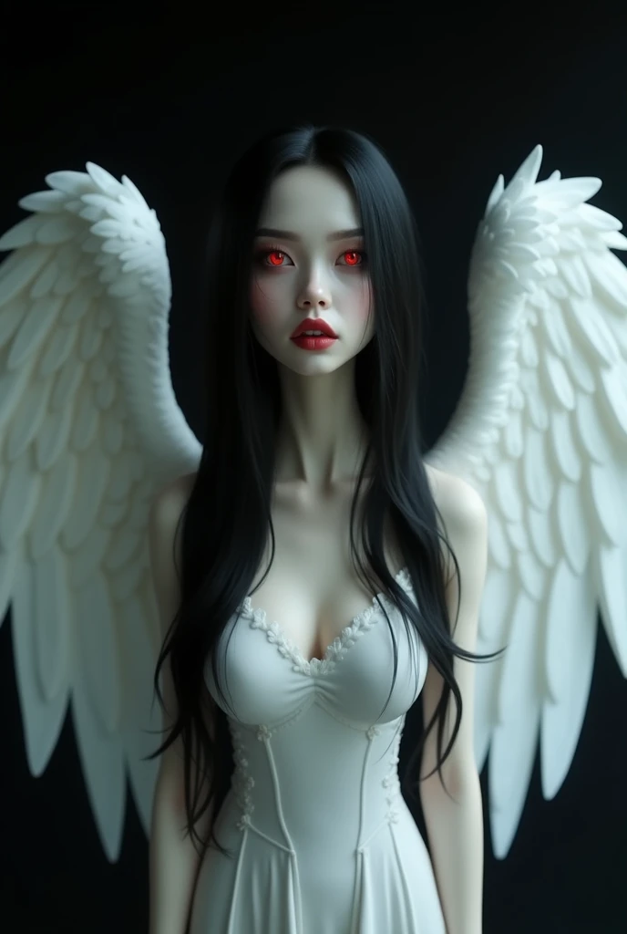 Female vampire with huge angel white wings that glow. Has soft features like a ceramic doll. She has rosy lips. Her fangs are really prominent and can be seen trough her smile. Her hair is black and straught. Theres no light in the background. She is not a...