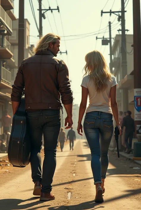  Make a strong muscular man , long haired blonde,  dressed in a brown leather jacket , black pants,  accompanied by a woman with long platinum hair , Dressed with a white t-shirt attached to the body,  jeans,  carrying a black guitar case .  Do them backwa...